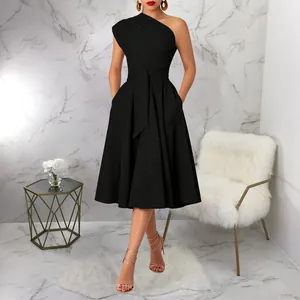 Elegant one-shoulder black midi dress featuring a belted waist and side pockets.