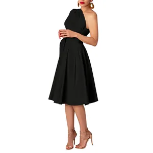 Elegant black one-shoulder midi dress featuring a cinched waist and an A-line flare skirt