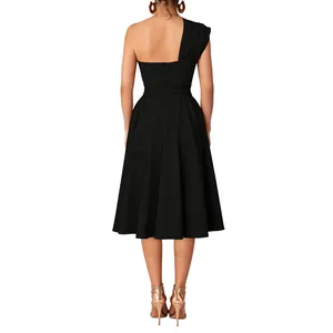 Elegant black one-shoulder midi dress back view showing waist-slimming fit