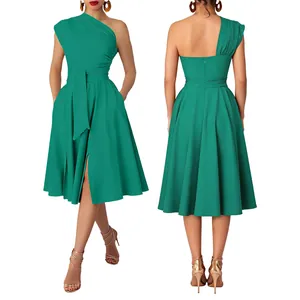 Front and back view of elegant green one-shoulder flared midi dress