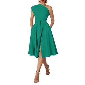 Elegant green one-shoulder belted midi dress with pleated skirt and stylish side slit