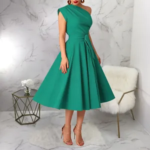 Elegant emerald green one-shoulder pleated midi dress featuring a belted waist detail