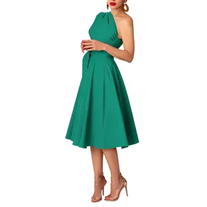 Detail of a vibrant green one-shoulder belted A-line dress for summer fashion.