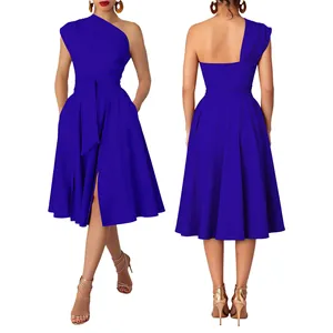 Front and back detail of a vibrant royal blue one-shoulder A-line midi dress with belt.