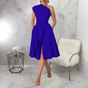 Elegant one-shoulder royal blue midi dress featuring waist tie and pleated skirt detail
