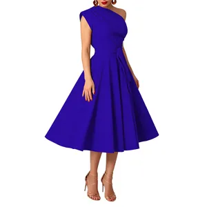 Elegant royal blue one-shoulder flared dress with a waist-defining belt detail