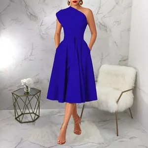 Elegant royal blue one-shoulder summer midi dress with belted waist and flared A-line swing