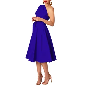Elegant royal blue one-shoulder belted midi dress with a stylish flared A-line skirt