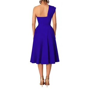 Back view of a vibrant royal blue one-shoulder cocktail dress with a flared skirt