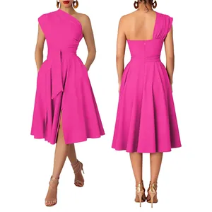Elegant fuchsia one-shoulder dress with waist tie shown from front and back angles