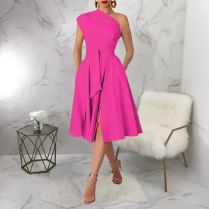 Elegant fuchsia one-shoulder midi dress with waist tie belt and flowy pleated skirt