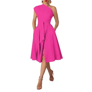 Elegant fuchsia one-shoulder midi dress featuring a belted waist and side pockets