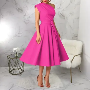 Elegant fuchsia one-shoulder midi dress featuring a belted waist and a flared swing skirt.