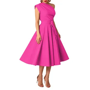 Detailed view of elegant one-shoulder solid magenta pink midi dress with belted waist.