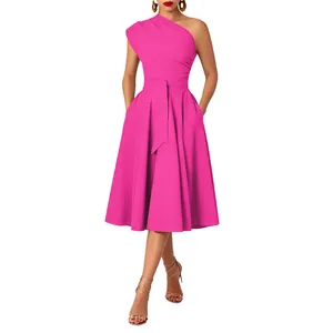 Elegant fuchsia one-shoulder belted A-line midi dress with pockets detail view.