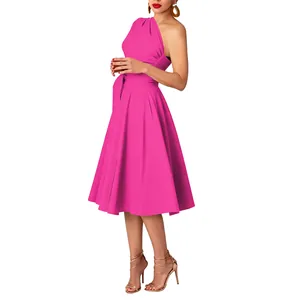 Side view of an elegant hot pink one-shoulder midi flared dress with waist tie detail