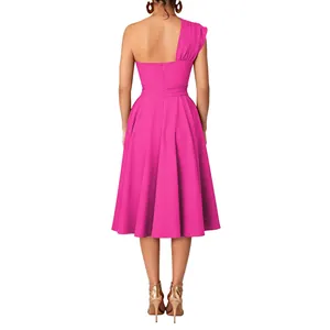 Back view of an elegant fuchsia one-shoulder midi dress with a flared swing skirt.