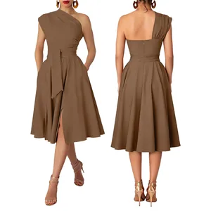 Detail of elegant brown one-shoulder pleated midi dress with belted waist design