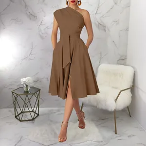 Elegant chocolate brown one-shoulder midi dress with a cinched waist tie and slit.