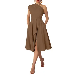 Elegant brown one-shoulder midi dress with belted waist and a flowing full skirt