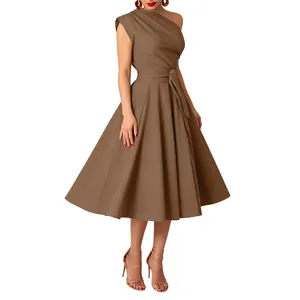 Elegant brown one-shoulder midi dress with matching waist tie and pleated A-line skirt