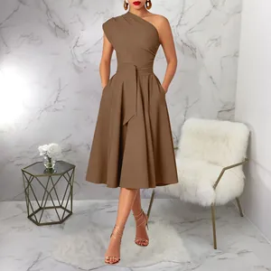 Elegant brown one-shoulder sleeveless dress with a belted waist and pleated skirt