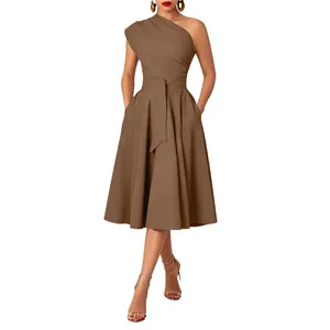Elegant brown one-shoulder belted midi dress featuring a pleated A-line skirt design
