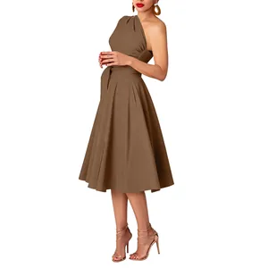Elegant brown one-shoulder pleated midi dress with waist tie detail in a high-quality fabric