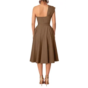 Back view of a brown one-shoulder midi dress with a cinched waist and flared A-line skirt.