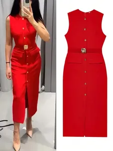 Detailed view of an elegant red sleeveless midi dress with gold buttons and belt