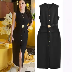 Elegant black sleeveless round neck dress with waist belt and decorative buttons