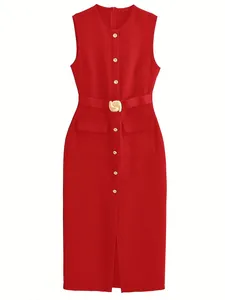 Elegant red sleeveless midi dress featuring a button-down front and gold shell buckle belt