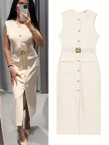 Elegant beige sleeveless round neck midi dress with gold buttons and waist-slimming belt.