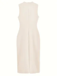 Back view detail of elegant cream sleeveless high-neck midi dress with waist slimming fit.