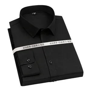 Premium men's black slim fit stretch non-iron long sleeve business formal dress shirt