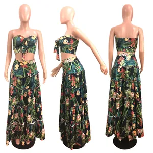 Two-piece tropical floral print maxi skirt set showing front, side, and back views