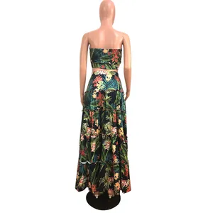 Back view of tropical floral print two-piece ruffled beach skirt set shown on mannequin