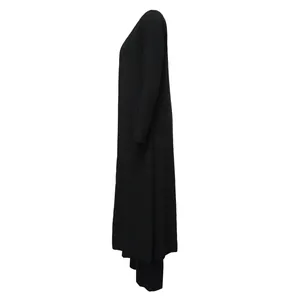 Side view detail of black high-elasticity ribbed knit long sleeve cardigan set