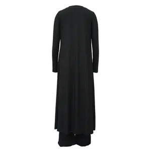 Back view of women's black high stretch ribbed three-piece set with long cardigan