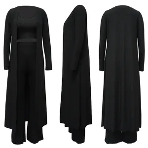 Front, side, and back views of women's black 3-piece ribbed knit set with long cardigan