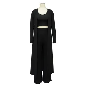 Display of women's black ribbed three-piece outfit including a long duster cardigan