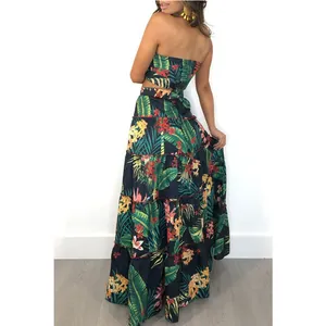 Back view of tropical floral print two-piece beach skirt set with tiered ruffles