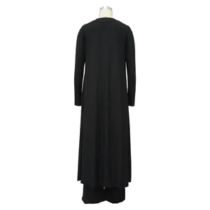 Back view of high elasticity black ribbed knit long cardigan and pants set
