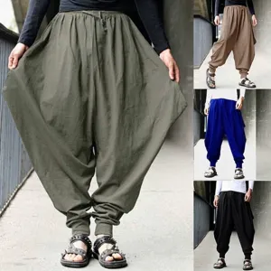 Detailed view of men's vintage loose-fit cotton linen harem pants in four colors