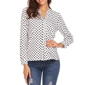 Women's loose V-neck long sleeve blouse with classic black polka dot print