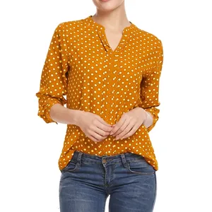 Stylish yellow polka dot V-neck long sleeve blouse for women with a relaxed fit