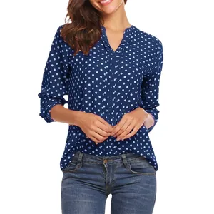 Stylish blue and white polka dot print V-neck long sleeve loose blouse for women