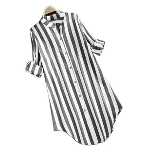 Chemise en lin à rayures verticales pour femmes avec manches longues et col montant
