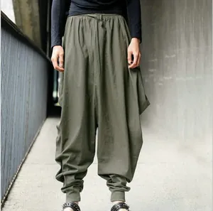 Men's vintage army green loose harem pants with drop crotch and elastic waist design