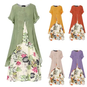 Robe longue superposée en coton et lin à fleurs en cinq couleurs